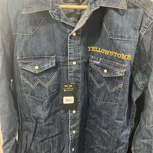 Mens Wrangler Yellowstone Pearl Snap Denim Shirt Large Dark Wash Western Logo